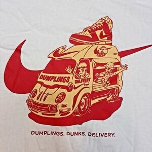 Nike Sole Food Dumpling Dunks Delivery Truck White Red Tee Shirt Loose Fit MED